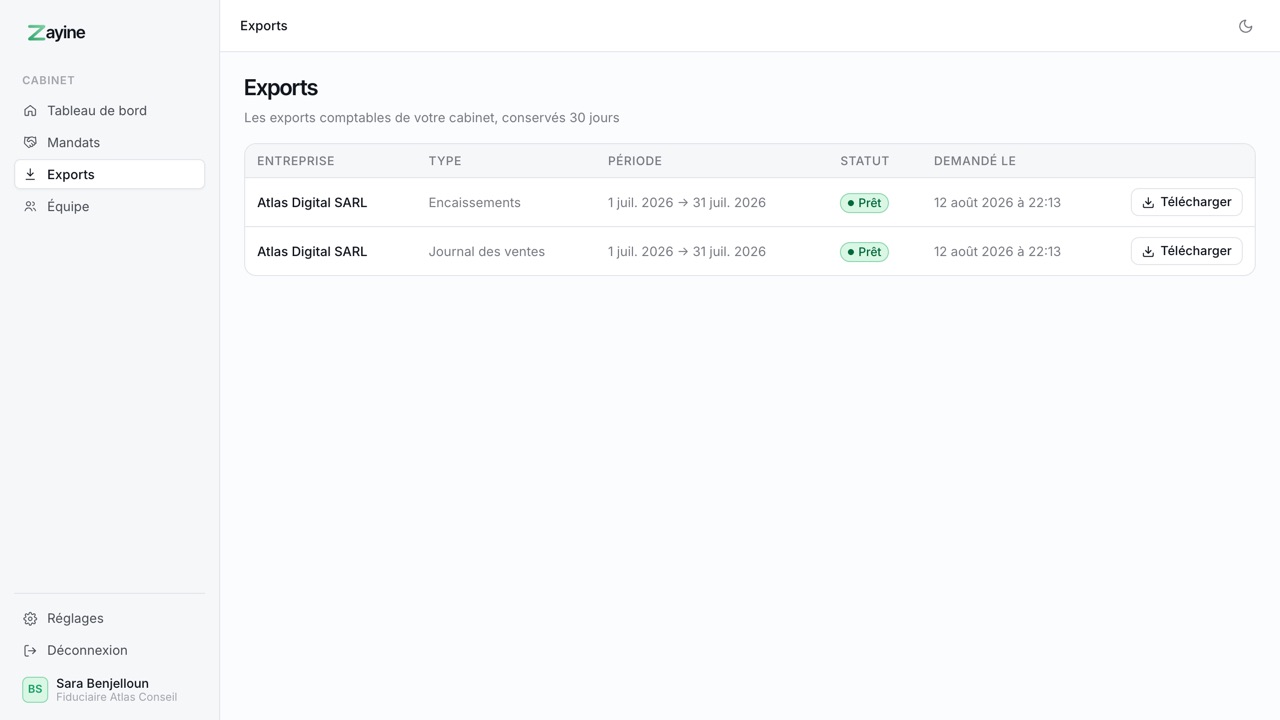 Page des exports comptables du portail Zayine avec les fichiers CSV générés et prêts à télécharger.